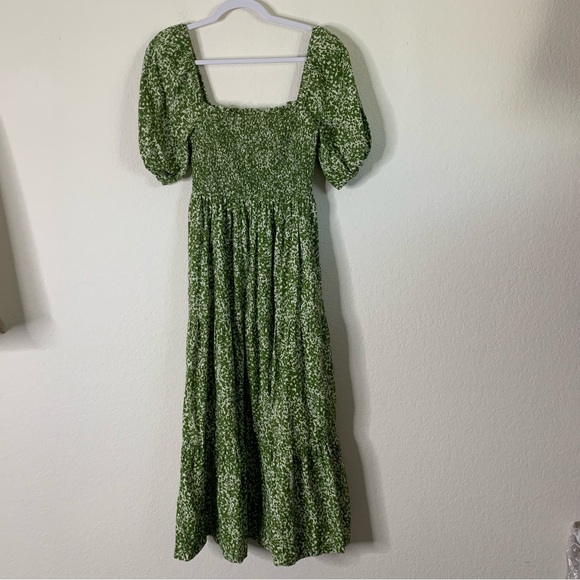 Abercrombie & Fitch Womens Green/ White Smocked tiered linen blend Midi Dress MT - Picture 2 of 10